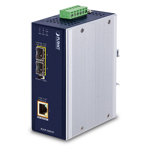 Industrial 2-Port 100/1000X SFP to 1-Port 10/100/1000T 802.3bt PoE++ Media Converter IGUP-1205AT