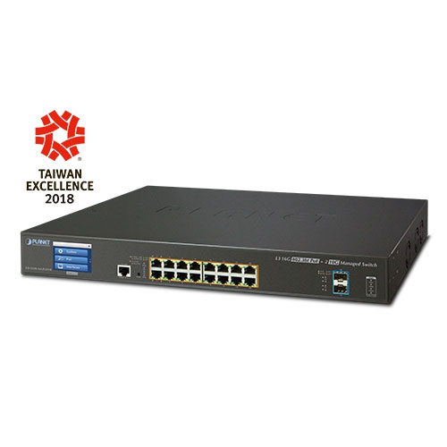L3 16-Port 10/100/1000T 802.3bt PoE + 2-Port 10G SFP+ Managed Switch with LCD Touch Screen GS-5220-16UP2XVR