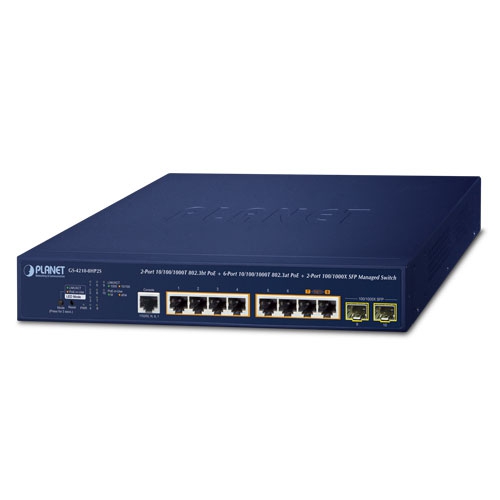 2-Port 10/100/1000T 802.3bt PoE + 6-Port 10/100/1000T 802.3at PoE + 2-Port 100/1000X SFP Managed Switch GS-4210-8HP2S