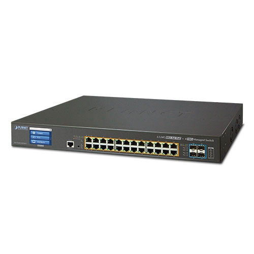 L3 24-Port 10/100/1000T 802.3at PoE + 4-Port 10G SFP+ Managed Switch with LCD Touch Screen GS-5220-24PL4XVR