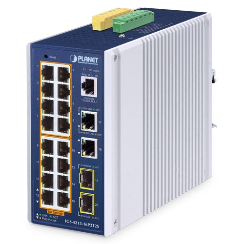 Industrial 16-Port 10/100/1000T 802.3at PoE + 2-Port 10/100/1000T + 2-Port 100/1000X SFP Managed Ethernet Switch IGS-4215-16P2T2S